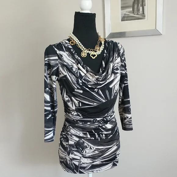 Carmen Marc Valvo Black and White Patterned Cowl Neckline Three-quarter Sleeve.S - Picture 5 of 14
